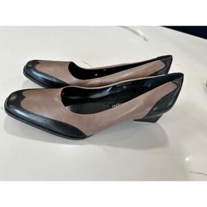 Etienne Aigner Analee Block Heel Pumps Taupe Black Leather Square Toe Women's 7M